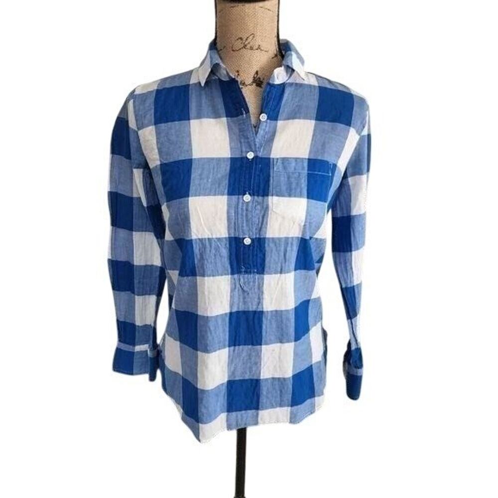 J. Crew Womens Blue and White Checkered Button Down Long Sleeve Shirt Top 0P